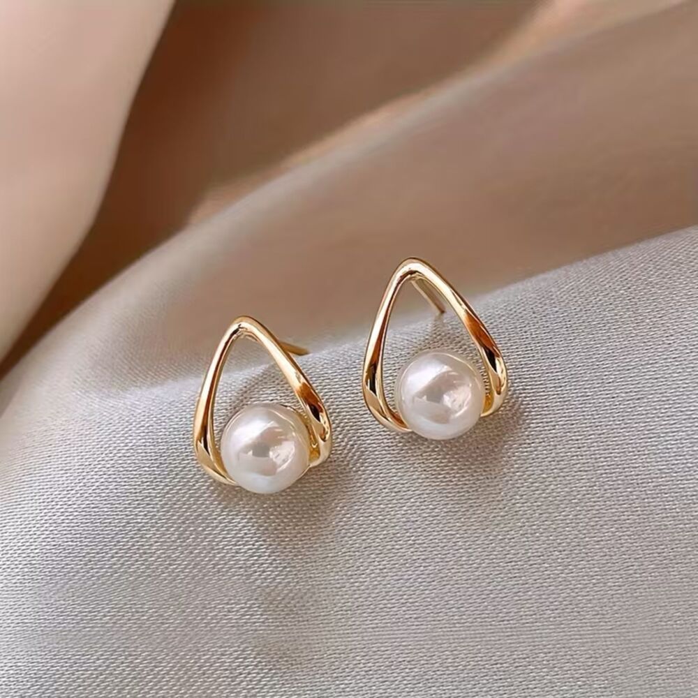 Gold Teardrop Pearl Drop Stud Earrings Elegant Gemstone Geometric Post Classic